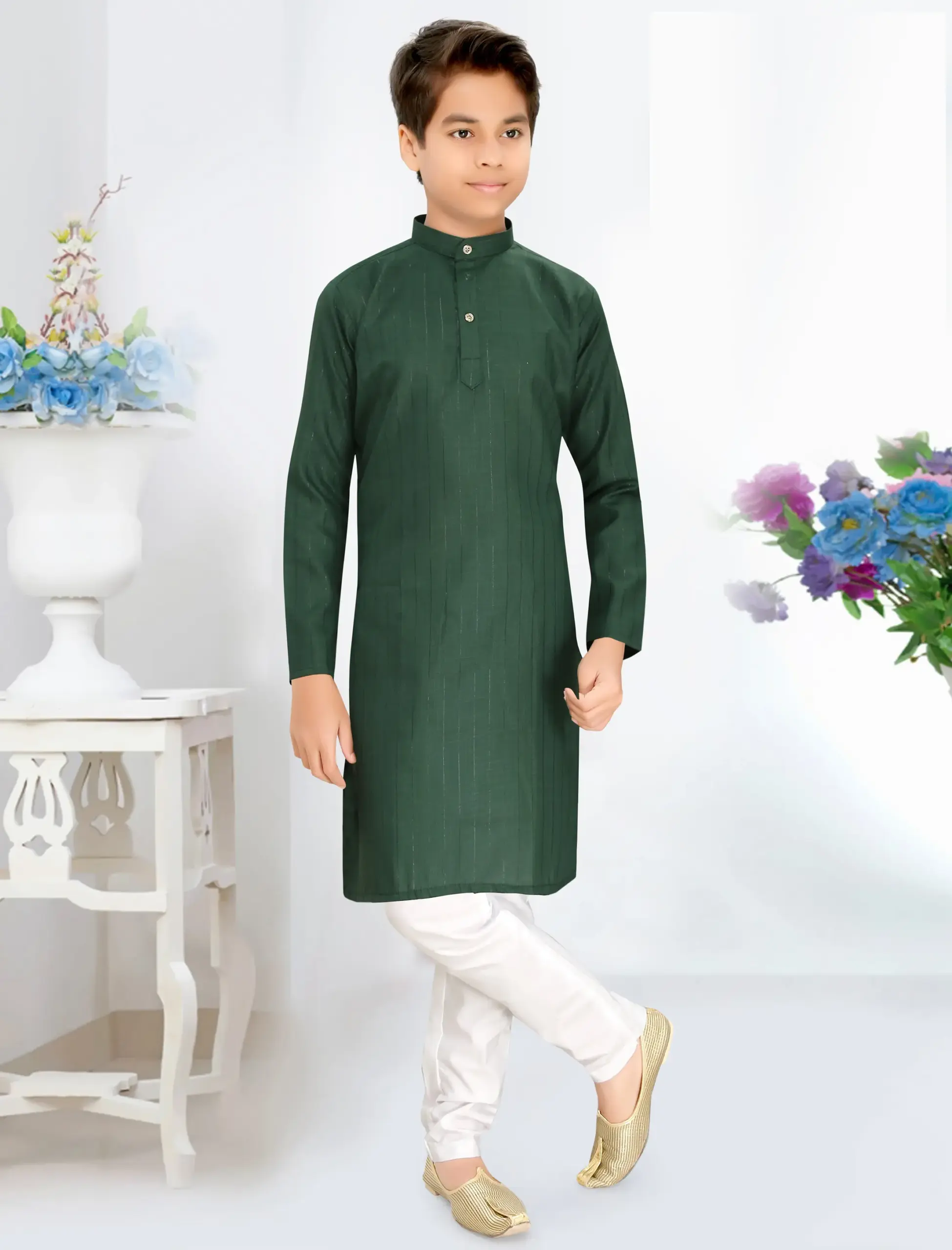 Green Cotton Lining Pattern Kid's Kurta Set