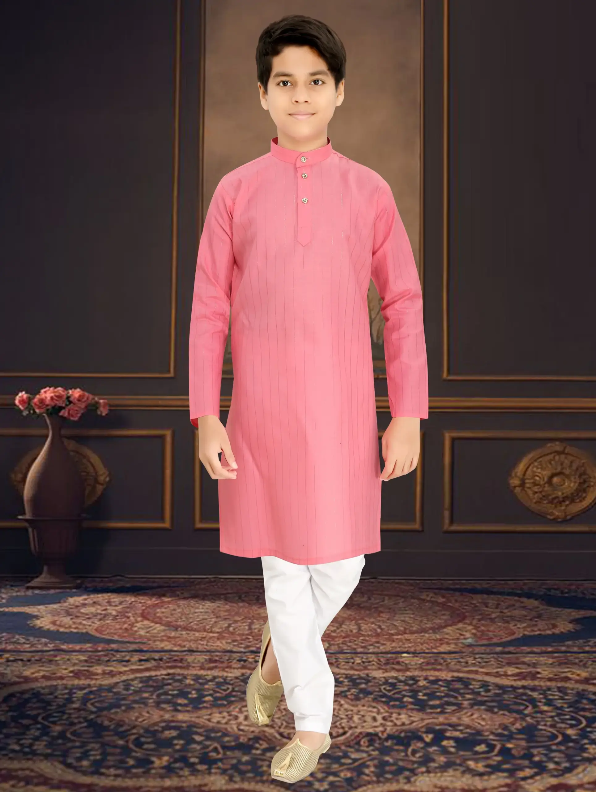 Pink Cotton Lining Pattern Kid's Kurta Set