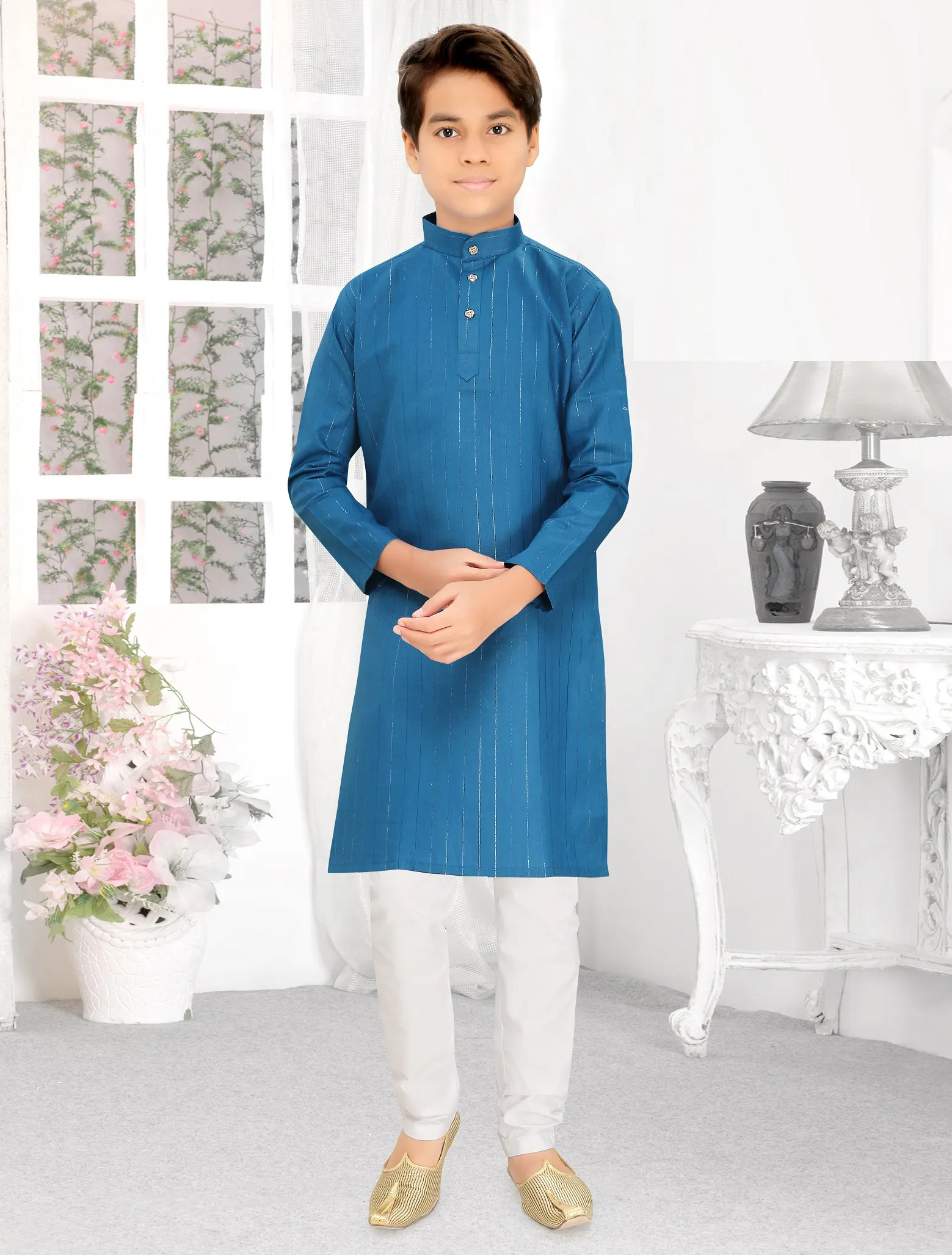 Blue Cotton Lining Pattern Kid's Kurta Set