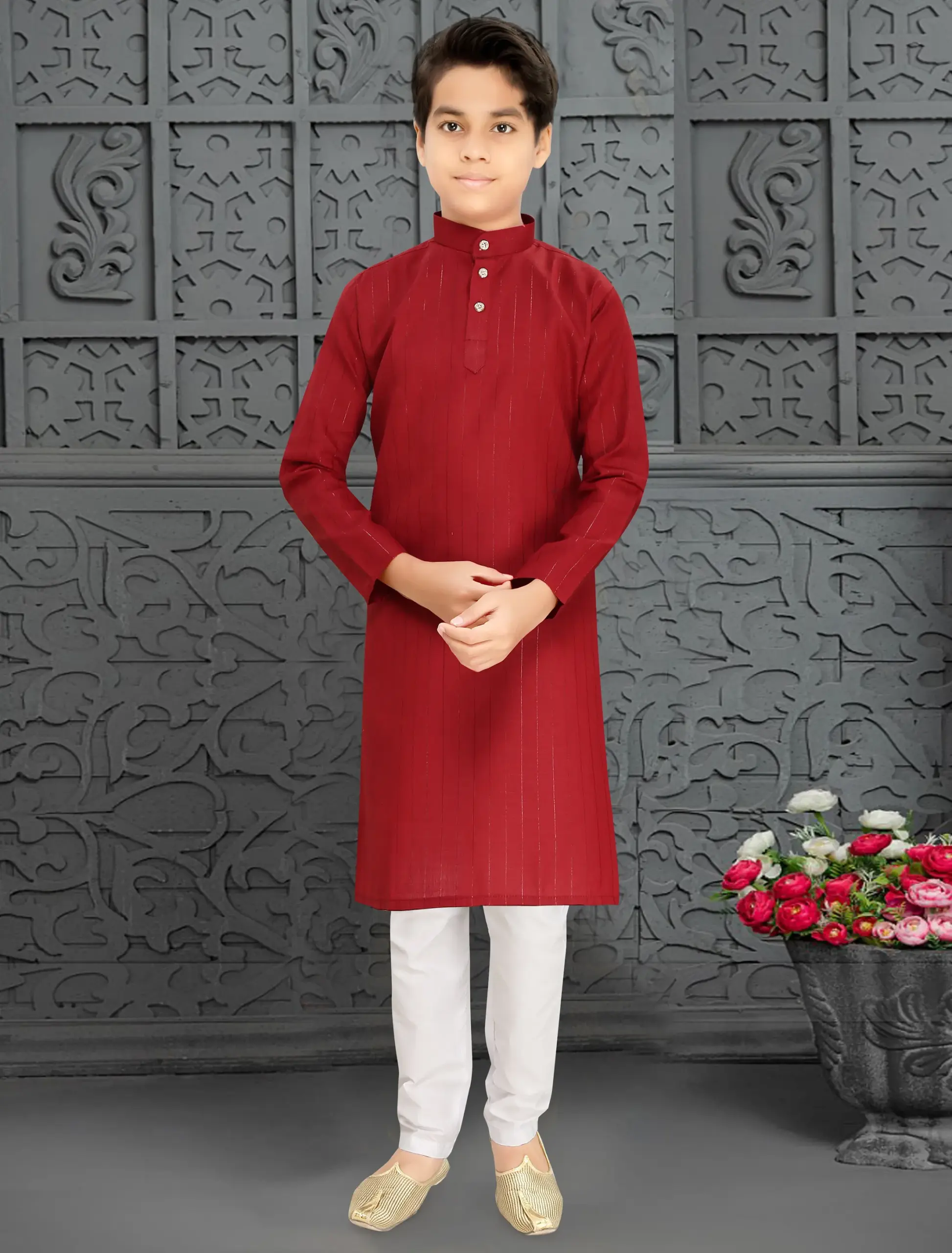 Red Cotton Lining Pattern Kid's Kurta Set
