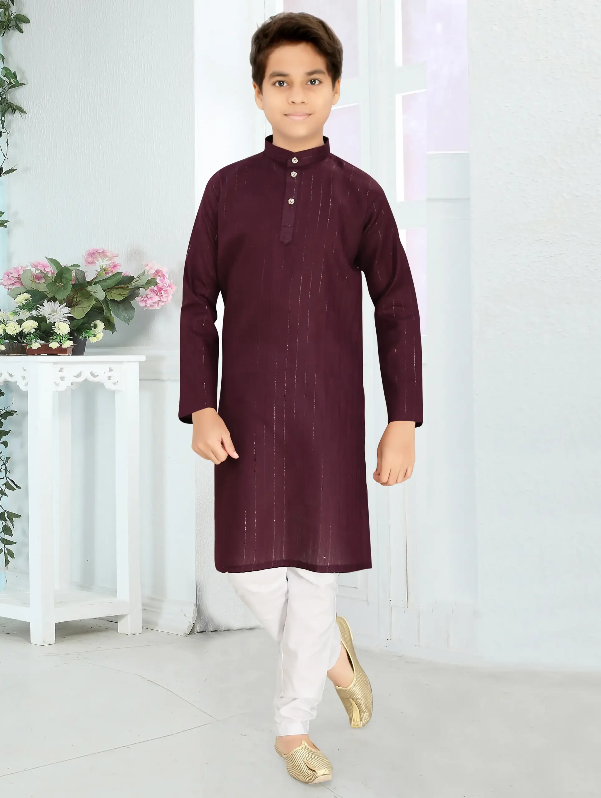 Wine Cotton Lining Pattern Kid's Kurta Set
