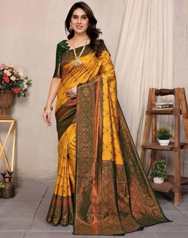 Mustard Lichi Silk Zari Weaving Work Saree