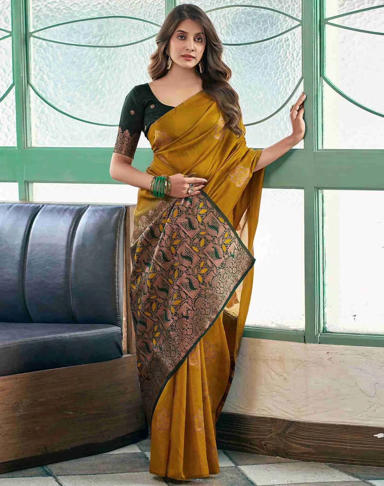 Mustard Lichi Silk Weaving Work Saree