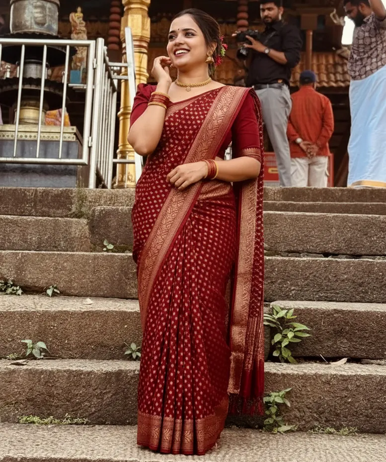Maroon Lichi Silk Weaving Work Saree