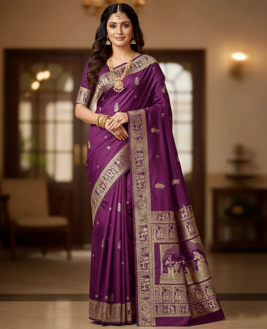 Wine Banarasi Soft Silk Weaving Work Saree