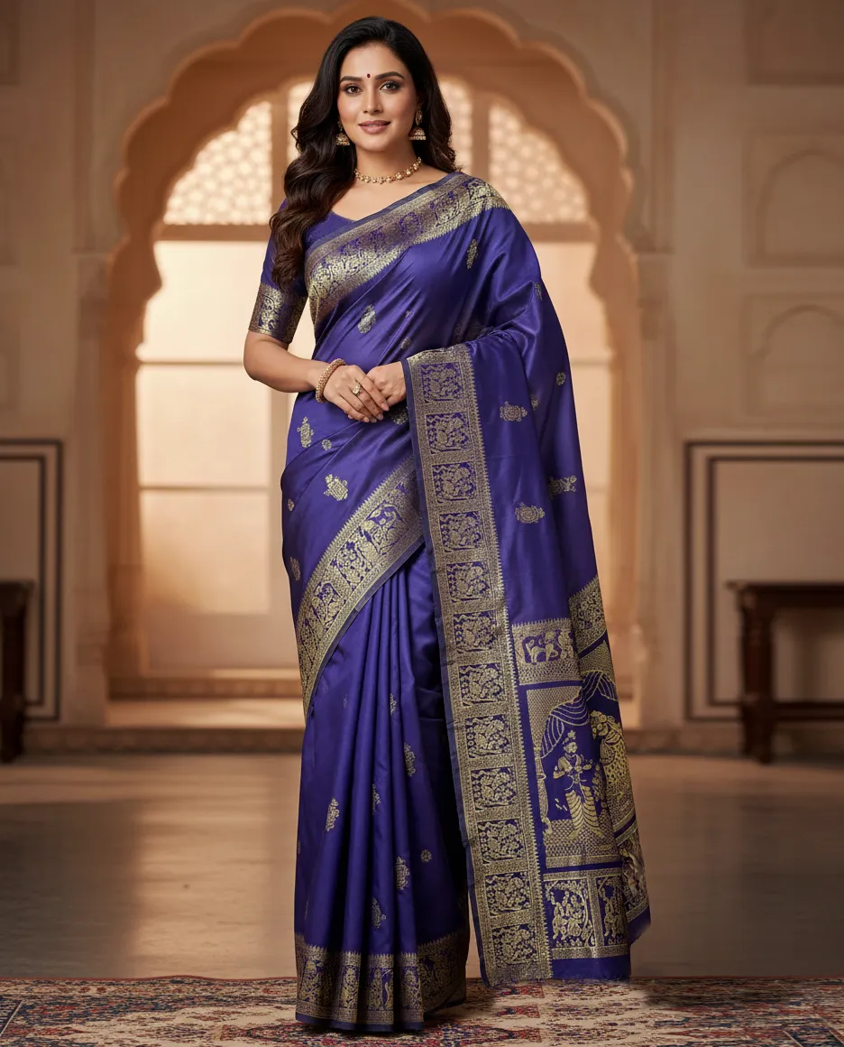 Blue Banarasi Soft Silk Weaving Work Saree