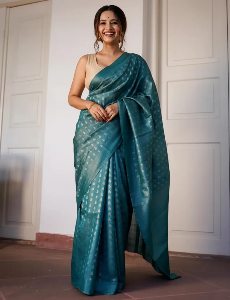Teal Blue Banarasi Soft Silk Weaving Work Saree