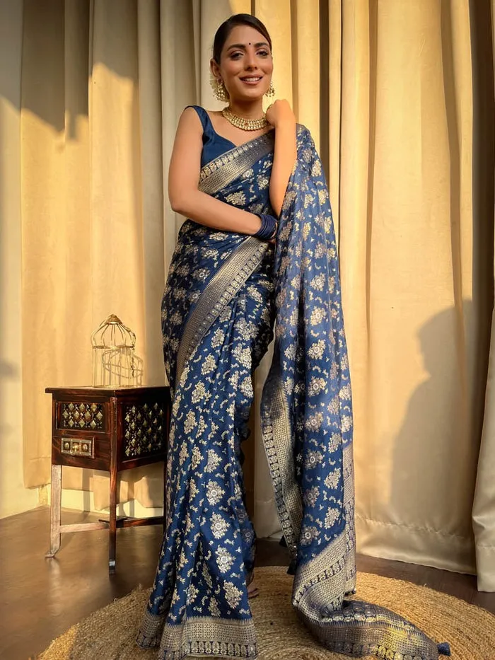 Blue Banarasi Soft Silk Weaving Work Saree - Image 2
