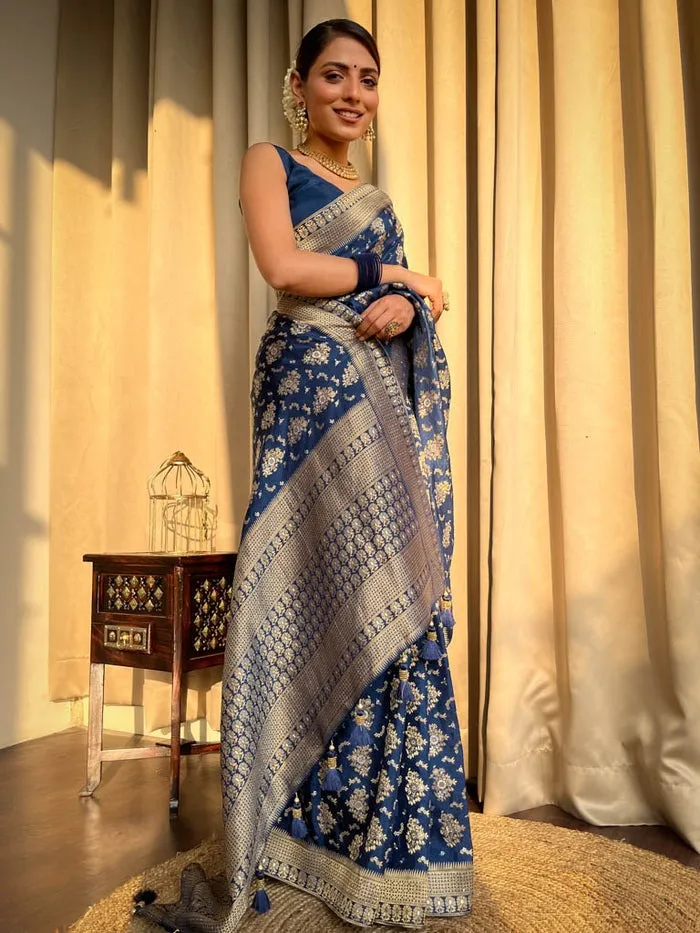 Blue Banarasi Soft Silk Weaving Work Saree - Image 3
