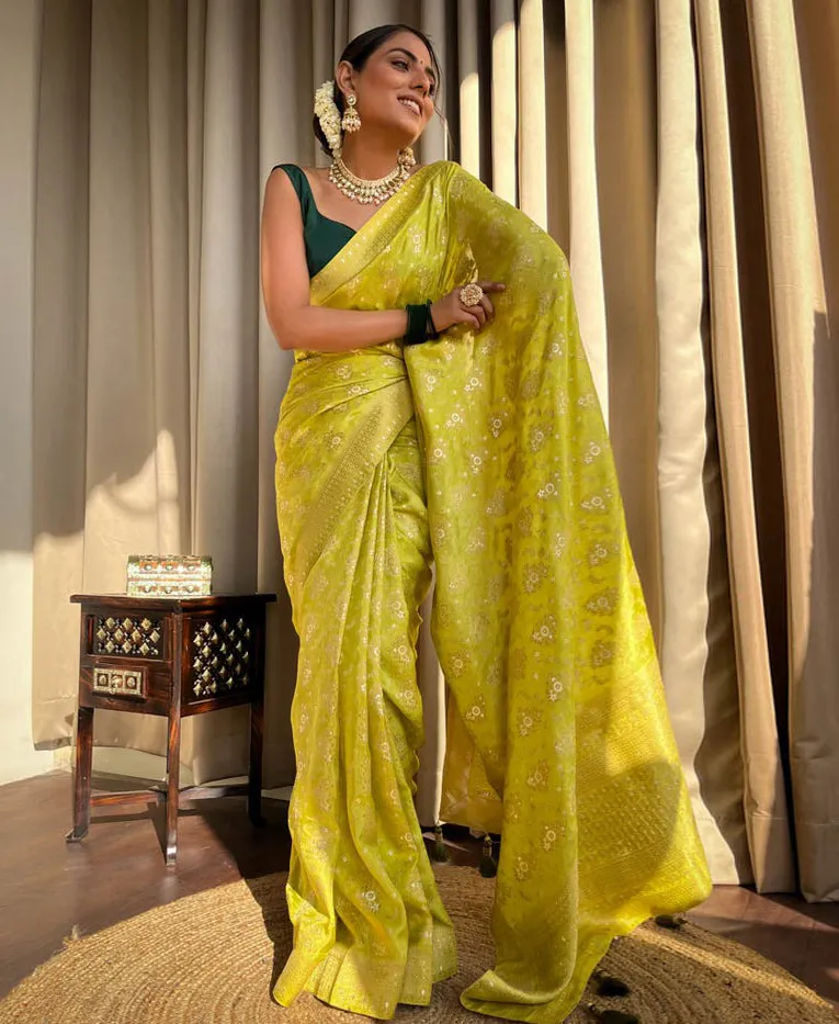 Olive Green Banarasi Soft Silk Weaving Work Saree