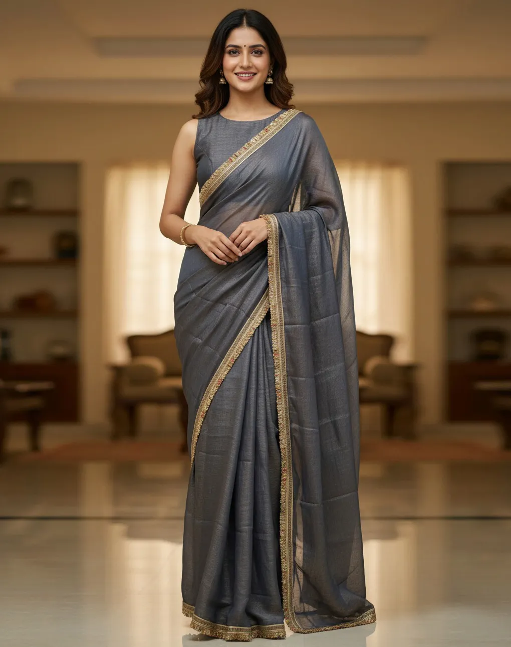 Grey Chiffon Lace Border Work Saree