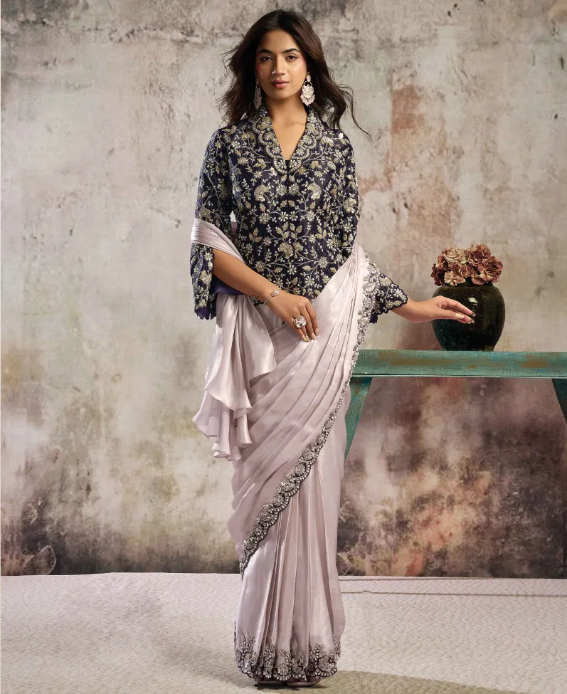 Lavender Metallic Gloss Satin Handwork Ready-to-Wear Saree