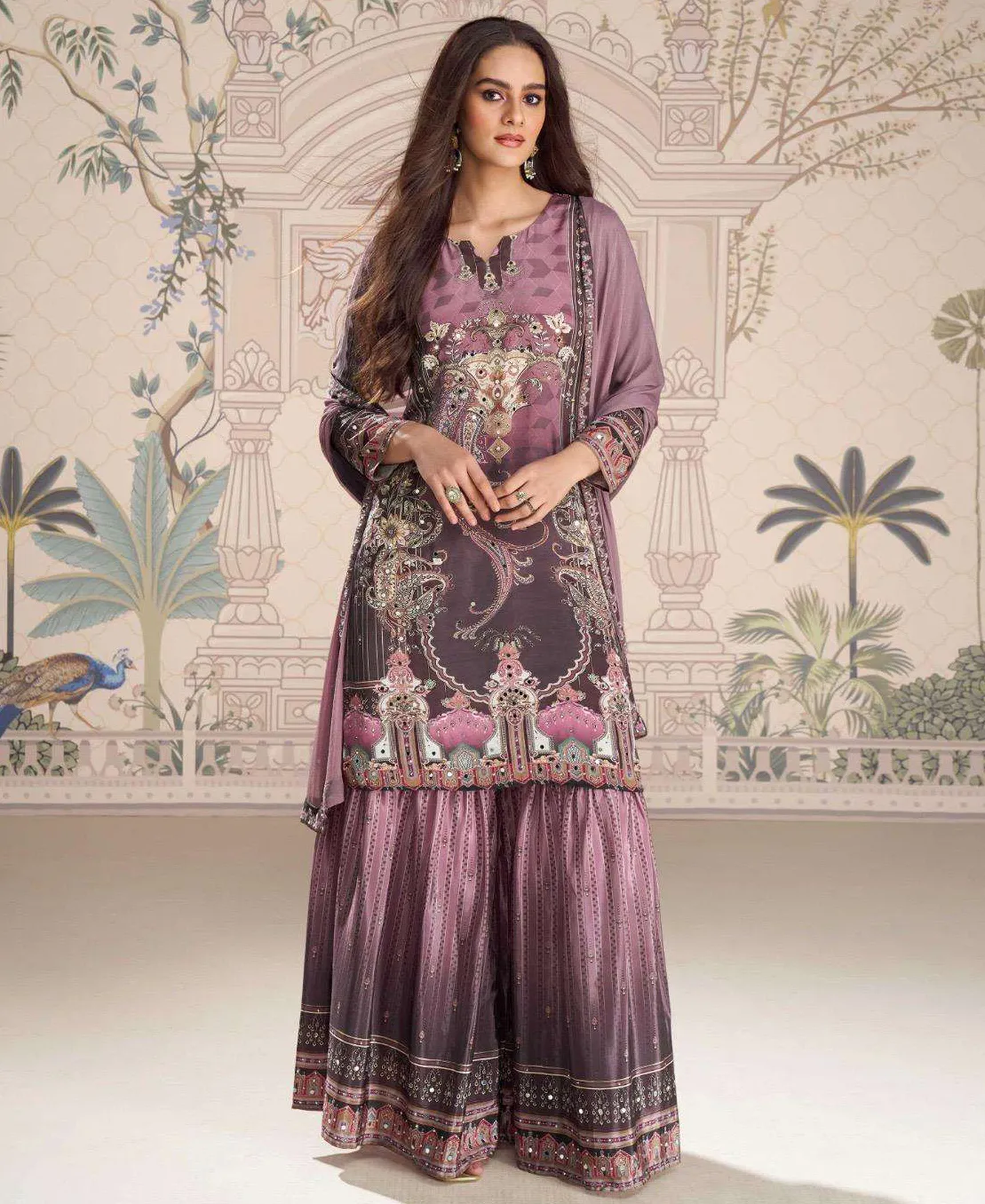 Lavender Premium Real Crepe Silk Mirror Work Gharara Set