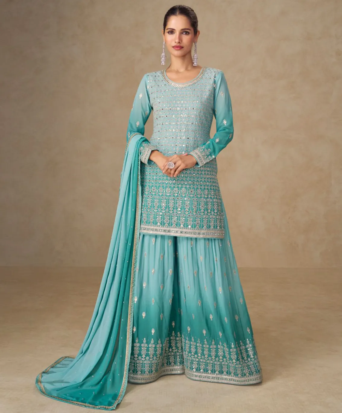 Light Blue Designer Real Georgette Embroidered Palazzo Suit
