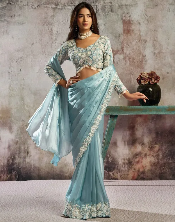 Light Blue Lustrous Satin Mirror Hand Work Readymade Saree
