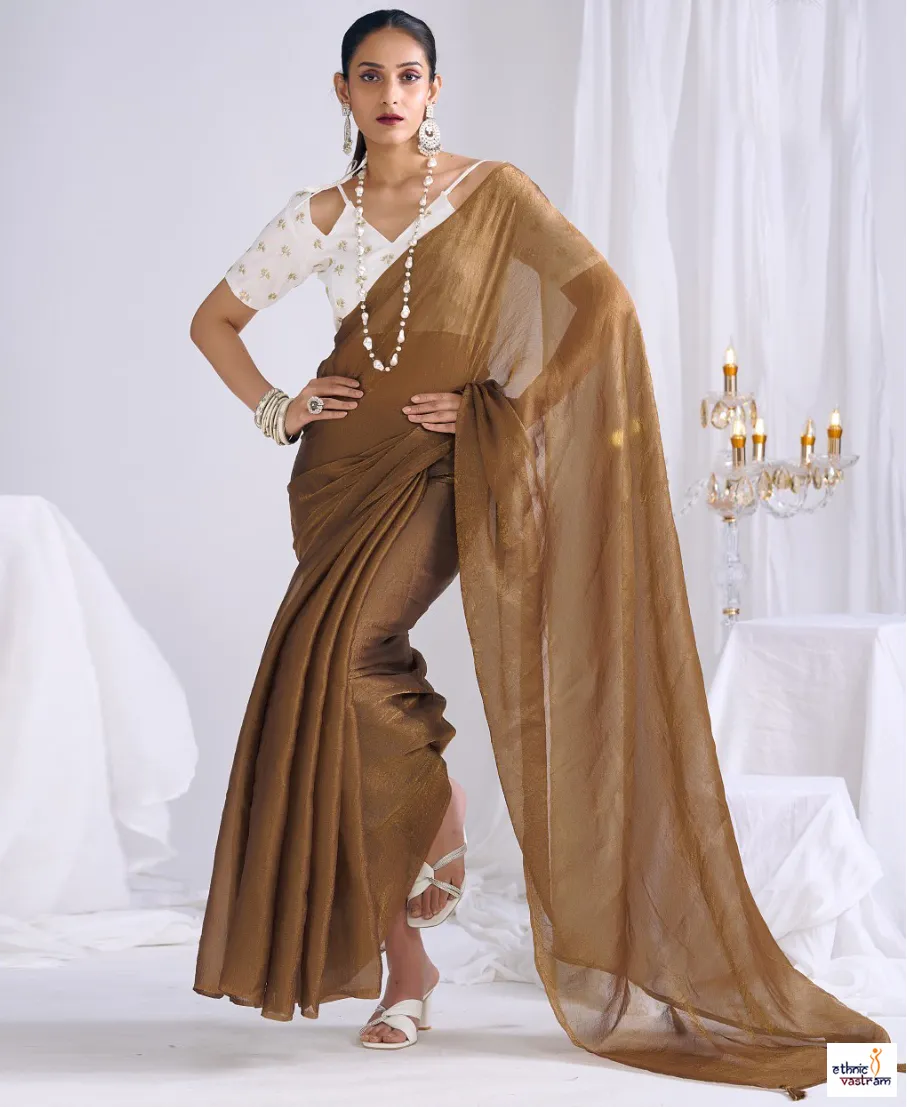 Light Brown Silk Ethnic Wear Saree With Embroidered Blouse
