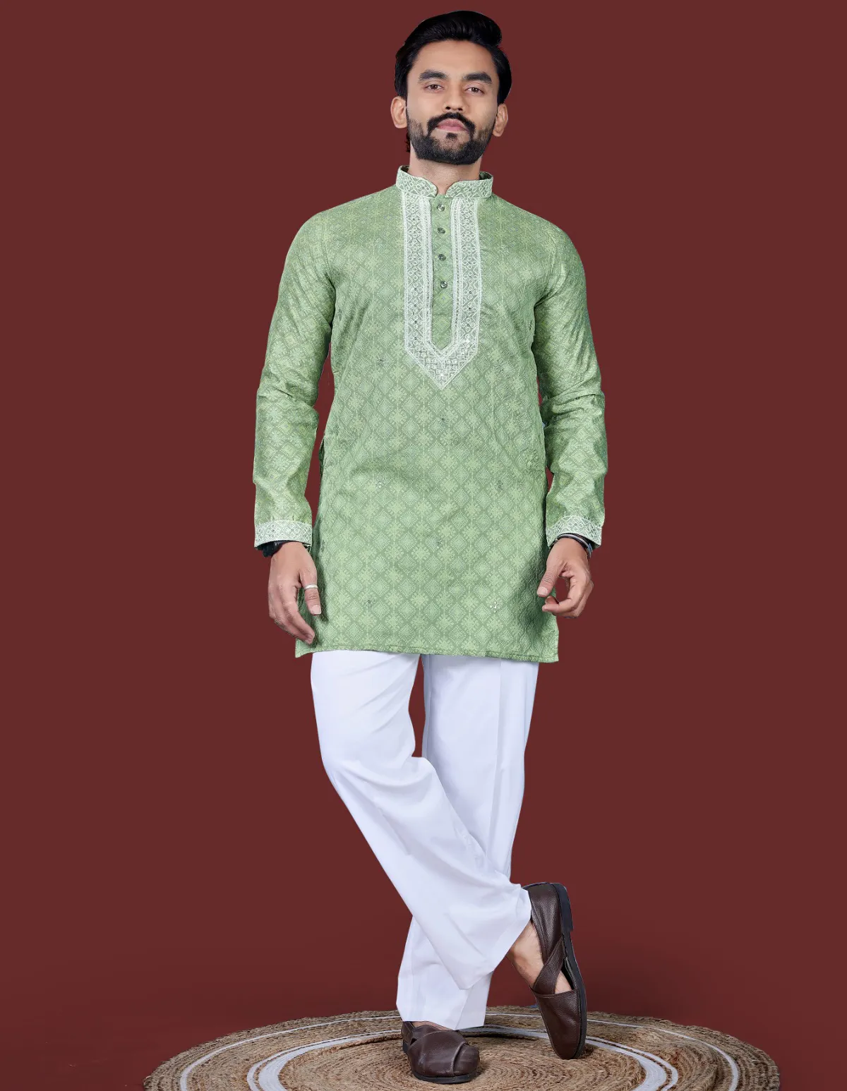 Light Green Silk Embroidered Kurta Set With Baggy Pajama