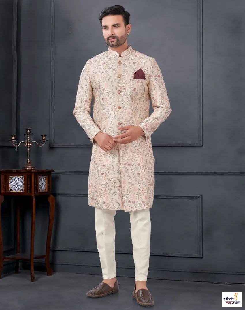 Light Pink Silk Embroidered Wedding Indo Western Kurta Pant