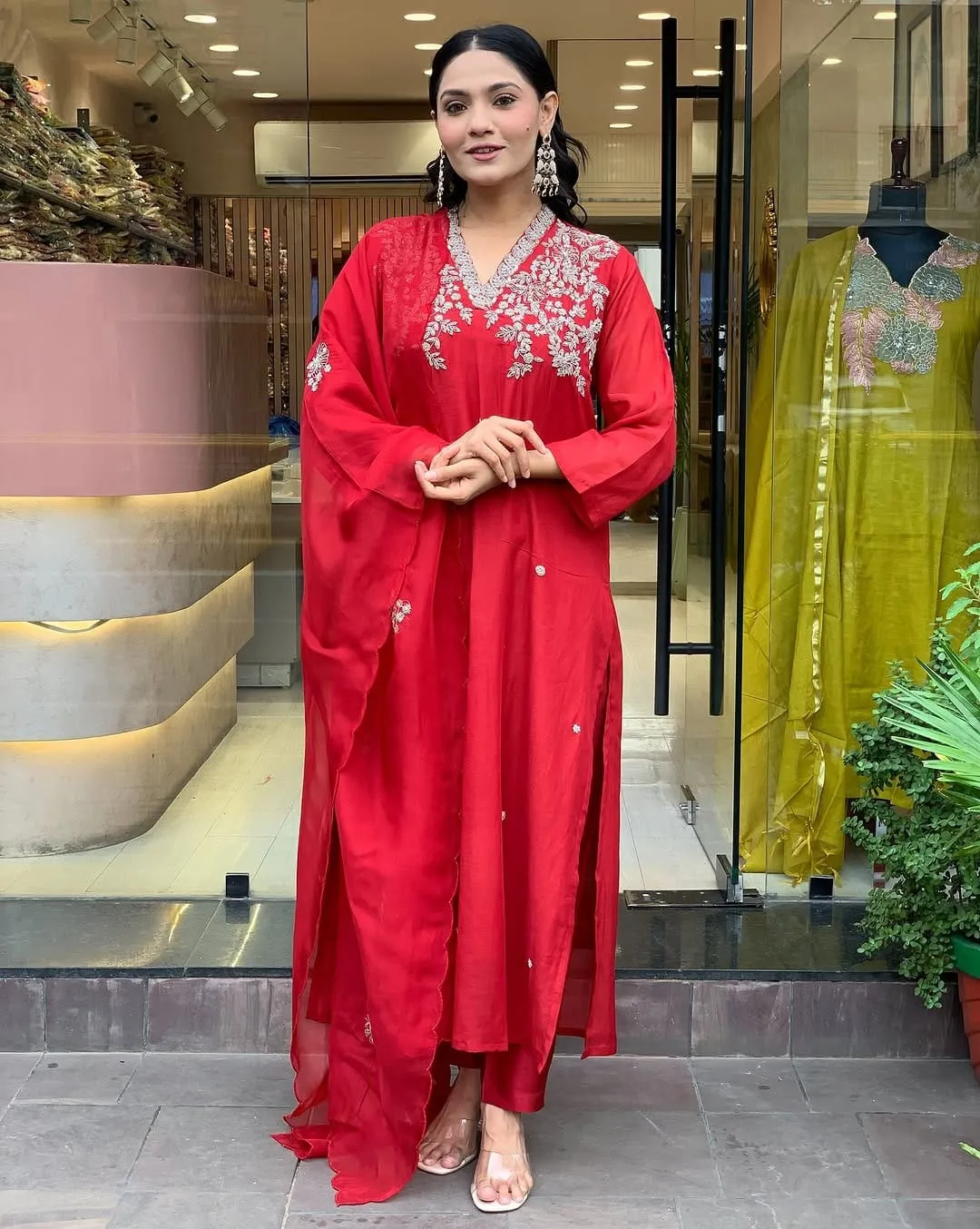 Red Pure Viscose Chanderi Embroidered Readymade Salwar Suit