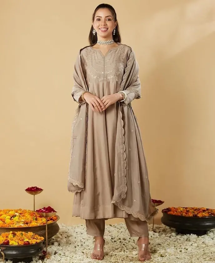 Beige Vichitra Silk Embroidered Readymade Salwar Suit