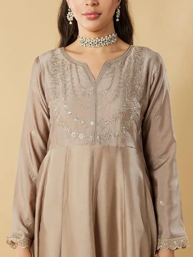 Beige Vichitra Silk Embroidered Readymade Salwar Suit - Image 2