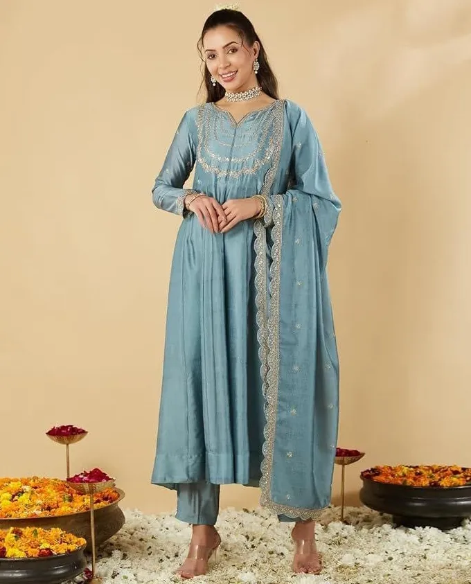 Sky Blue Vichitra Silk Embroidered Readymade Salwar Suit