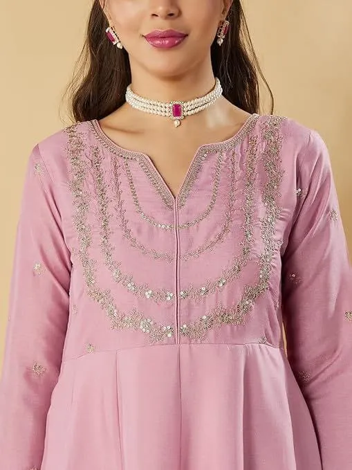 Pink Vichitra Silk Embroidered Readymade Salwar Suit - Image 2