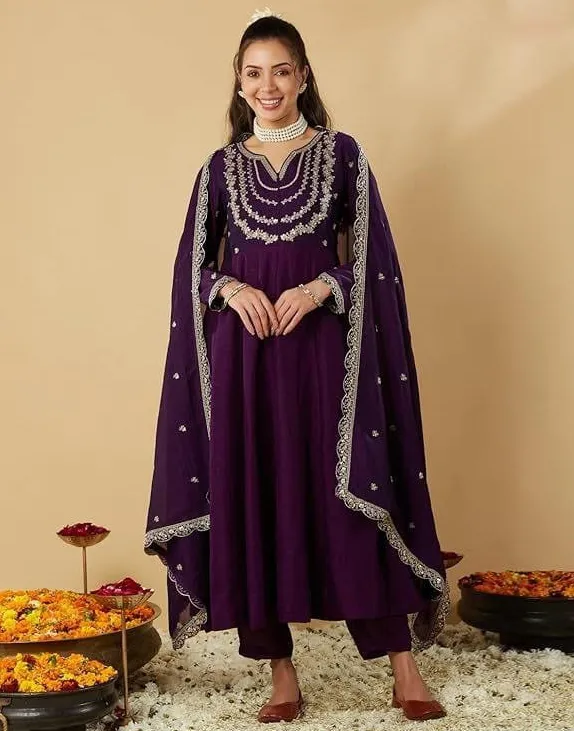 Purple Vichitra Silk Embroidered Readymade Salwar Suit