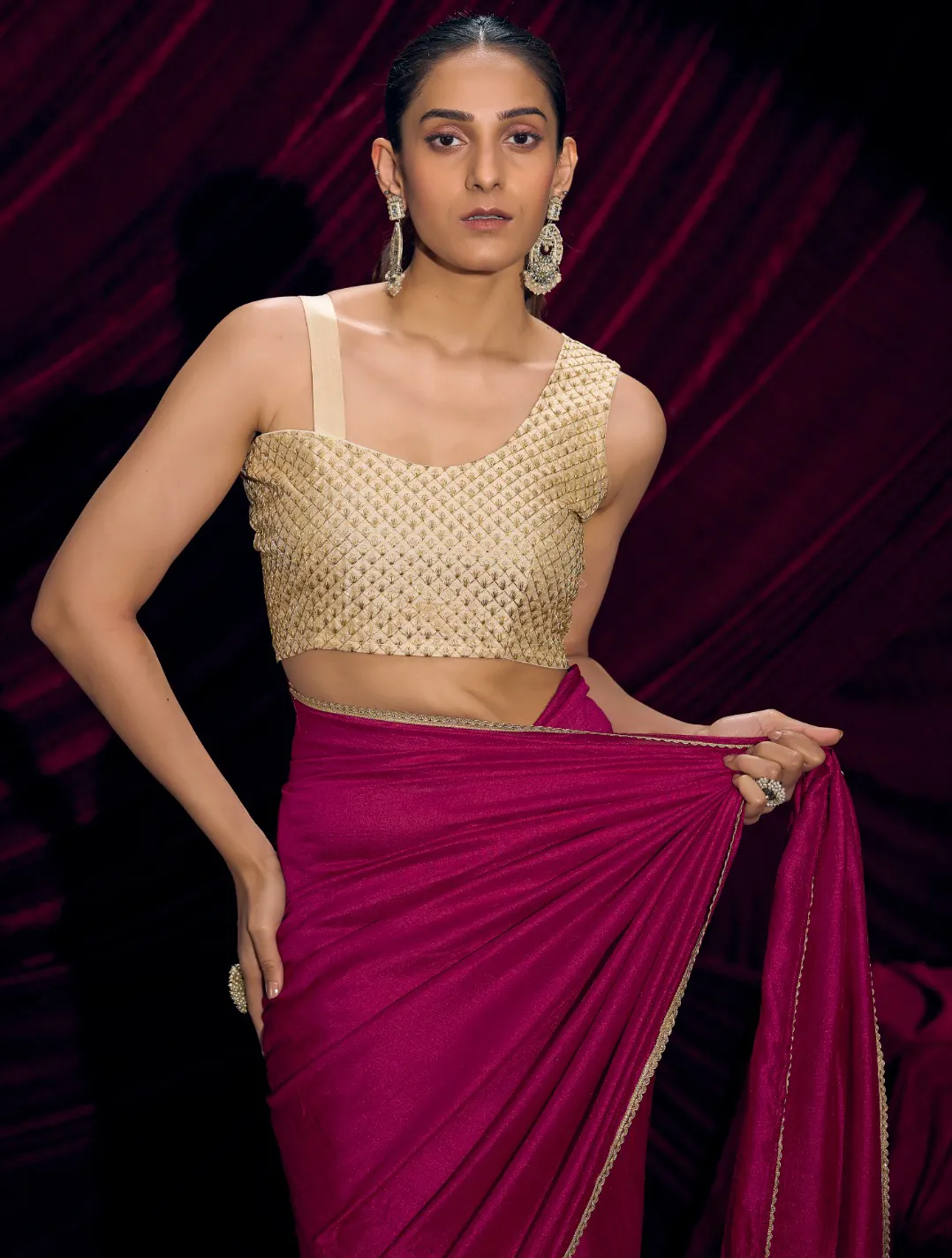 Magenta Pink Silk Party Wear Ethnic Saree With Lace Border - Image 3