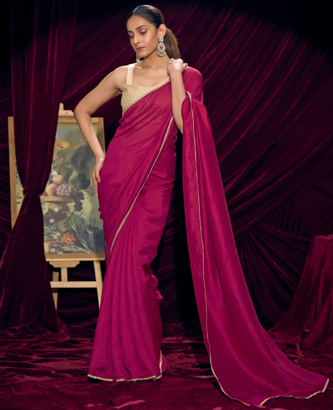 Magenta Pink Silk Party Wear Ethnic Saree With Lace Border