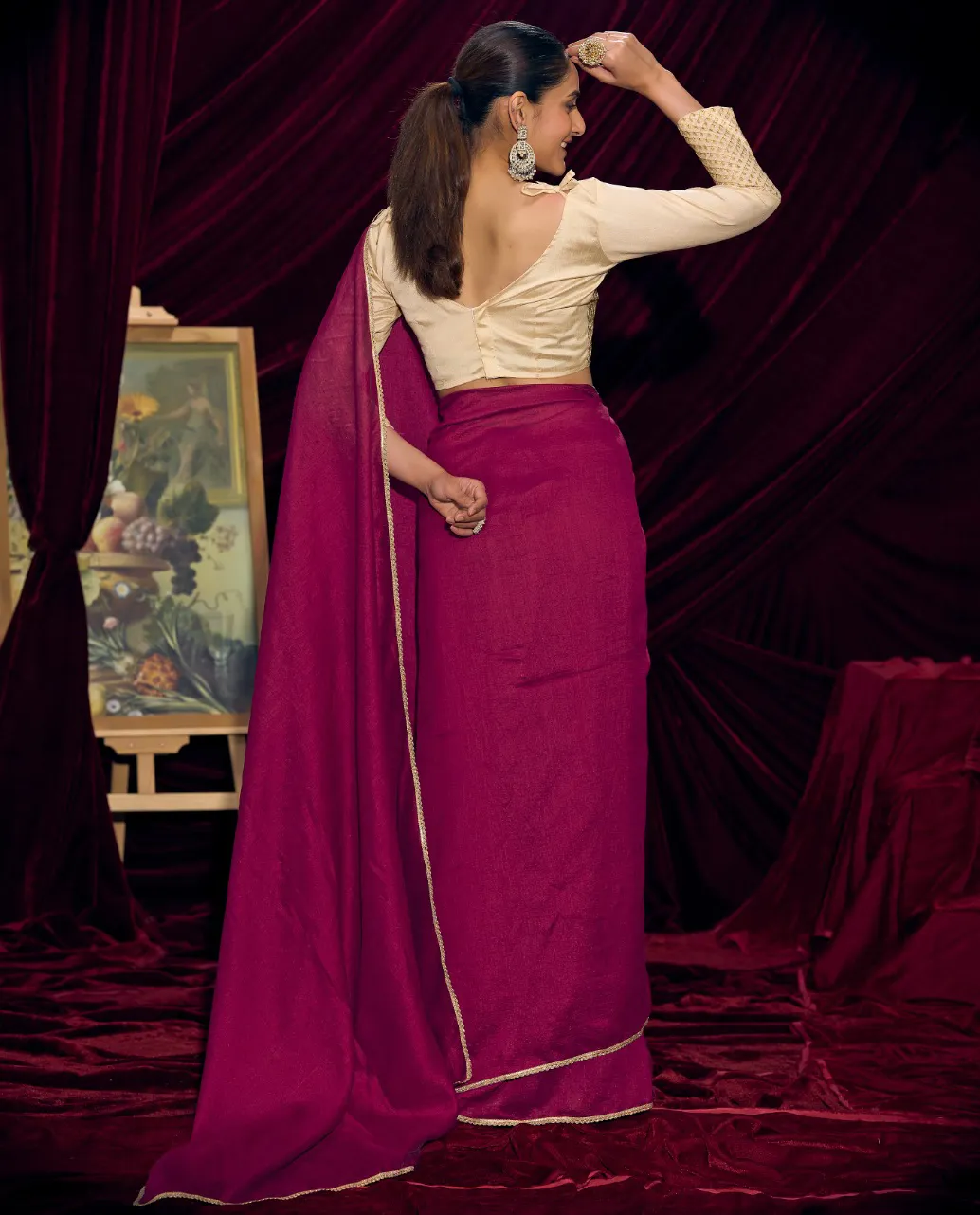 Magenta Pink Silk Party Wear Ethnic Saree With Lace Border - Image 2