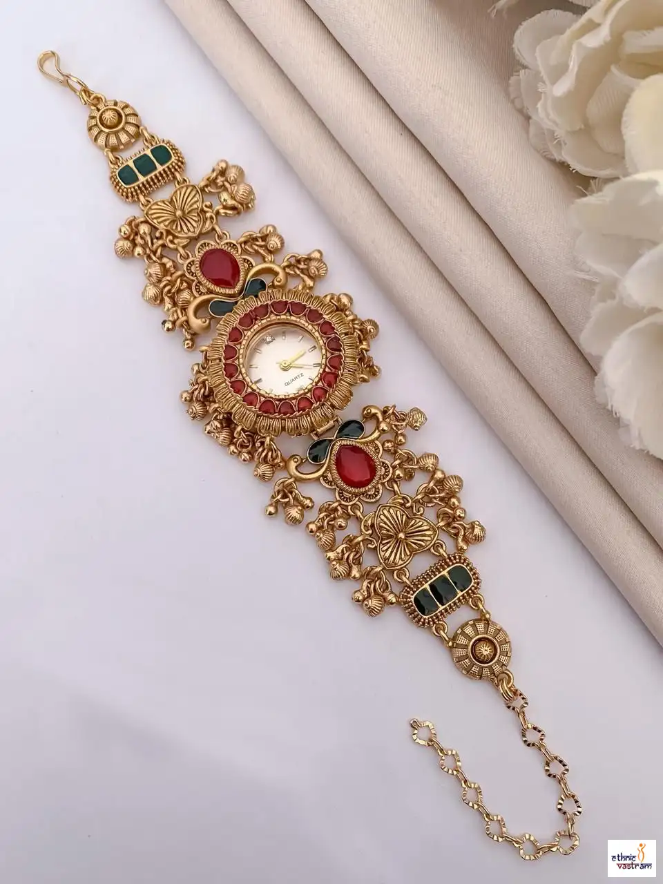 Maroon & Green Stones Gold-Plated Floral Motifs Bracelet Watch