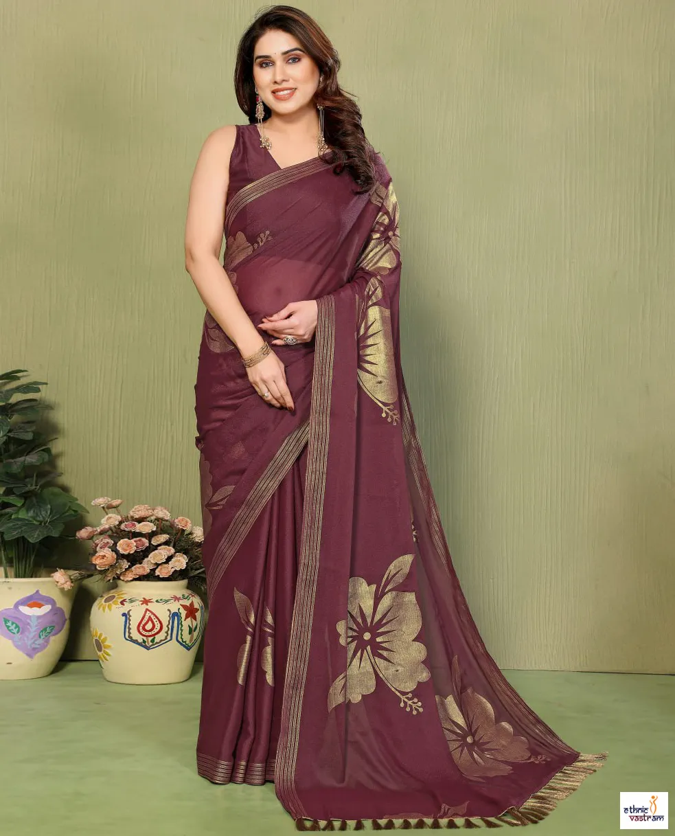 Maroon Star Georgette Silk Foil Work Saree With Tassels