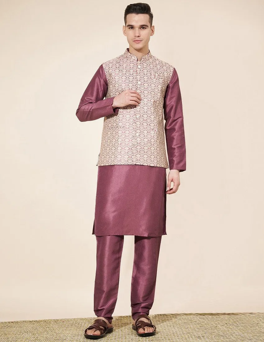 Mauve Silk Kurta Pajama With Jacquard Jacket