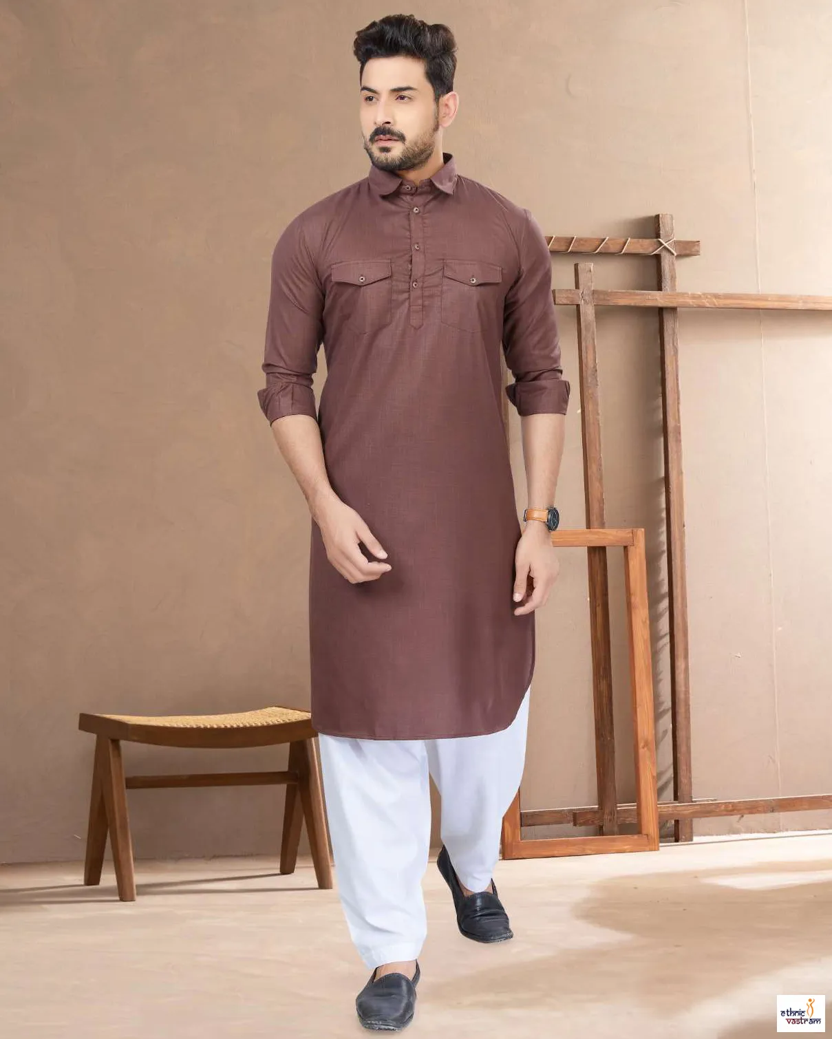 Men’s Brown Cotton Solid Pathani Ethnic Wear Kurta Pajama Set