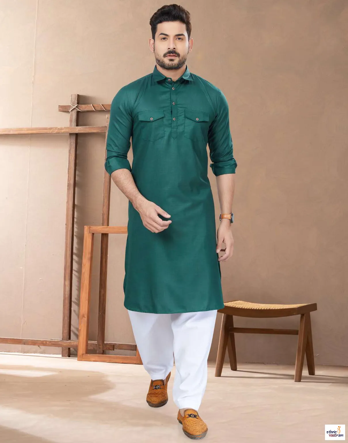 Men’s Green Cotton Solid Pathani Ethnic Wear Kurta Pajama Set