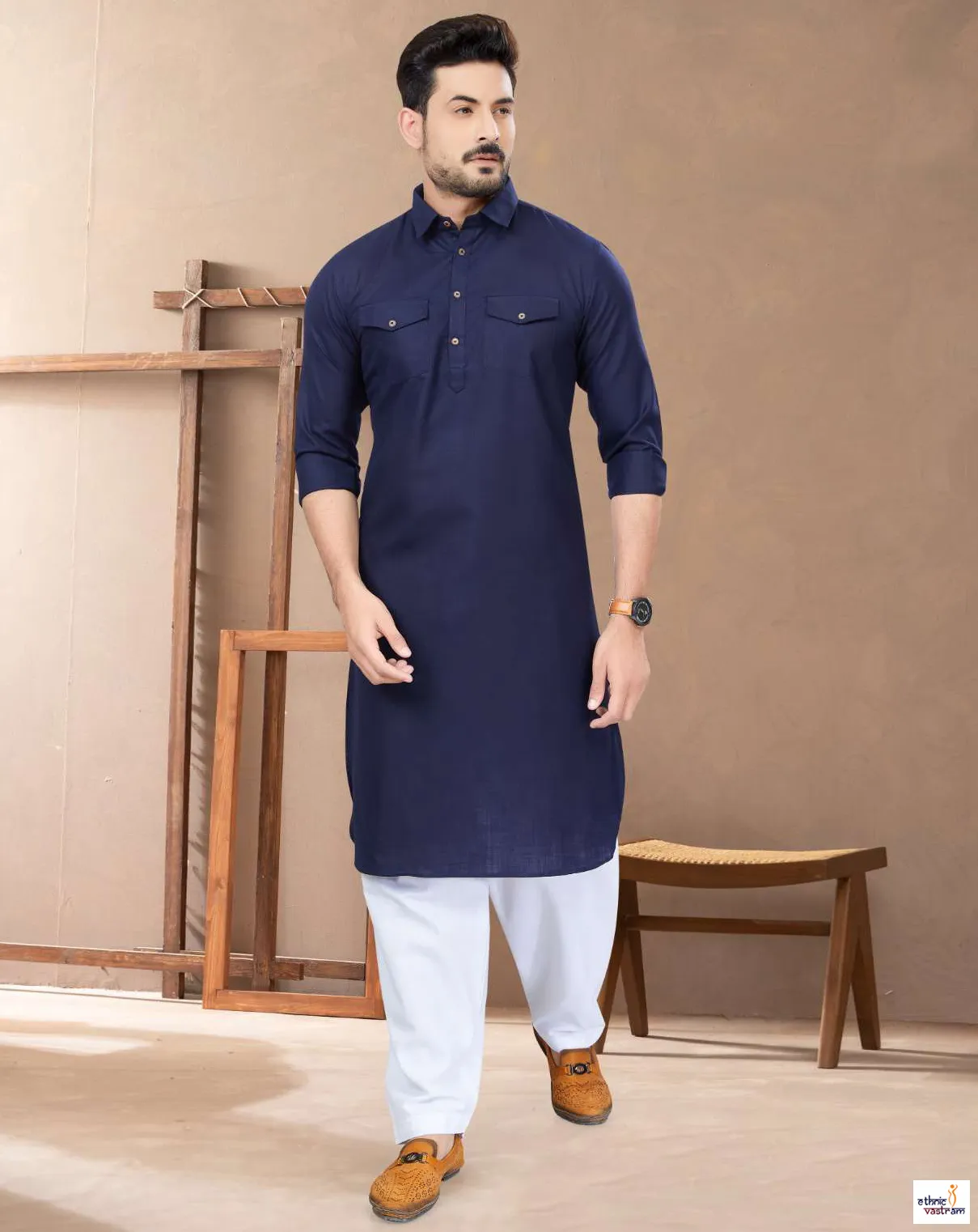 Men’s Navy Blue Cotton Solid Pathani Ethnic Wear Kurta Pajama Set
