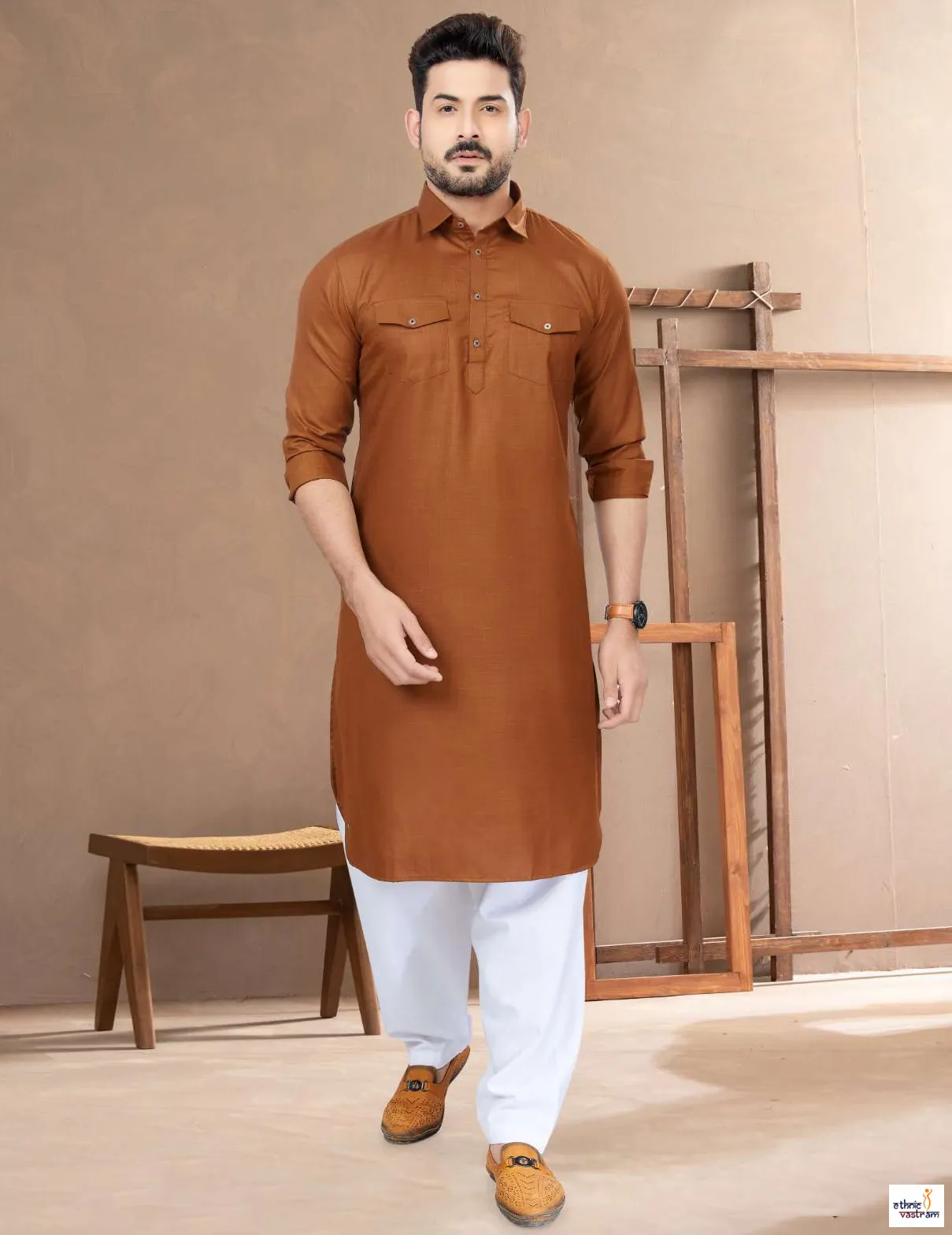 Men’s Rust Cotton Solid Pathani Ethnic Wear Kurta Pajama Set