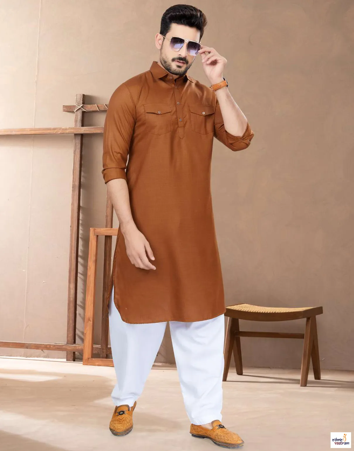Men’s Rust Cotton Solid Pathani Ethnic Wear Kurta Pajama Set - Image 2
