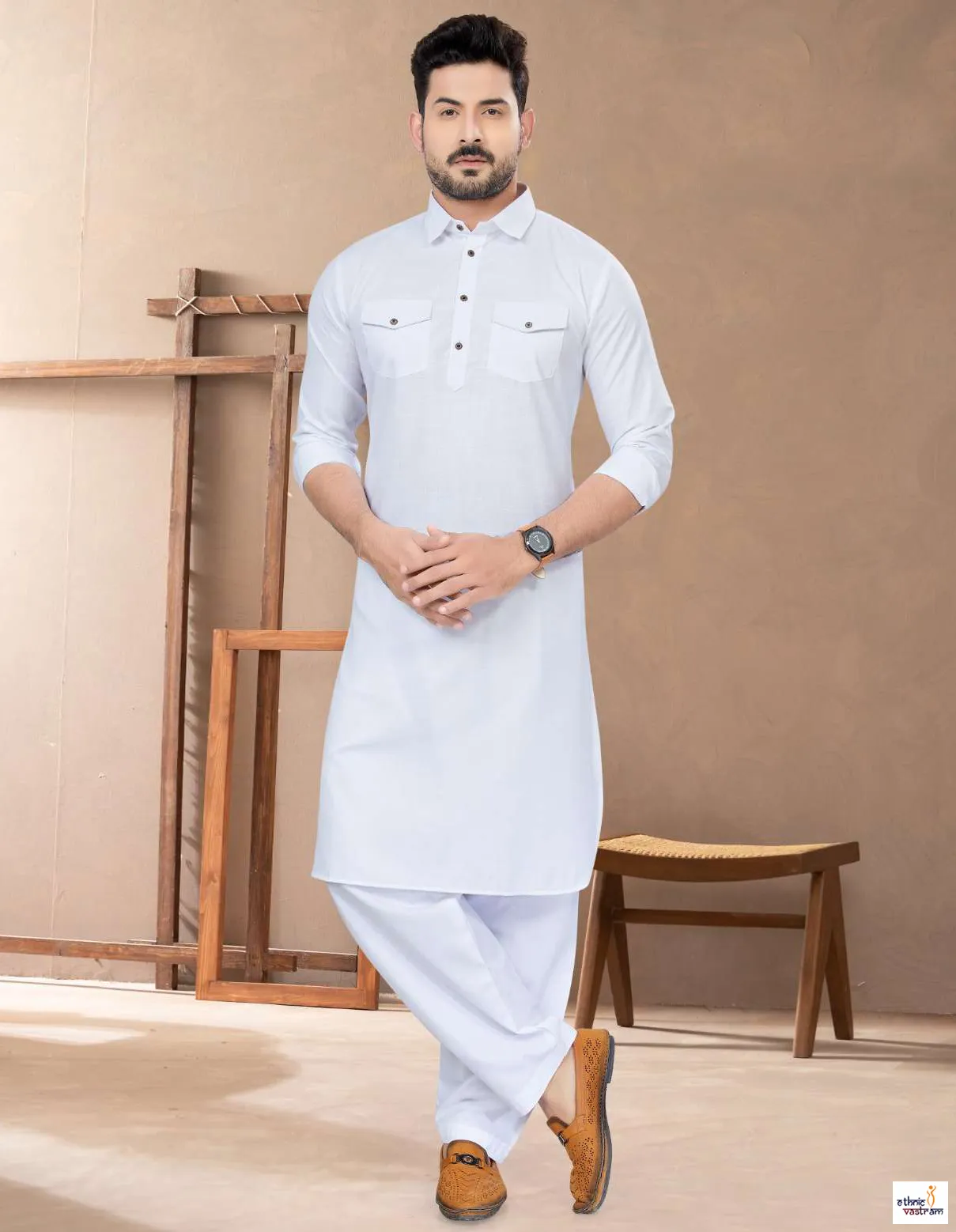Men’s White Cotton Solid Pathani Ethnic Wear Kurta Pajama Set