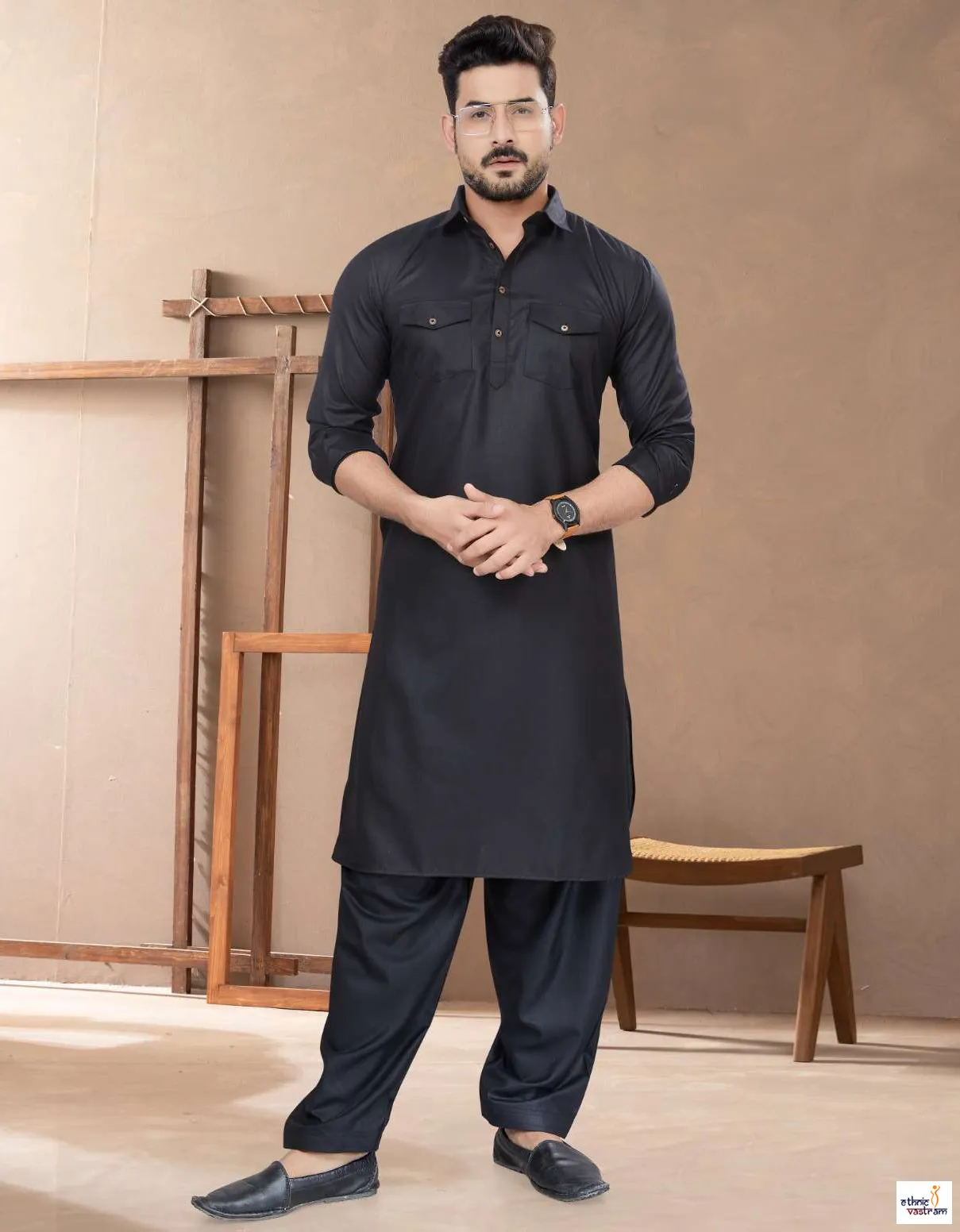 Men’s Black Cotton Solid Pathani Ethnic Wear Kurta Pajama Set