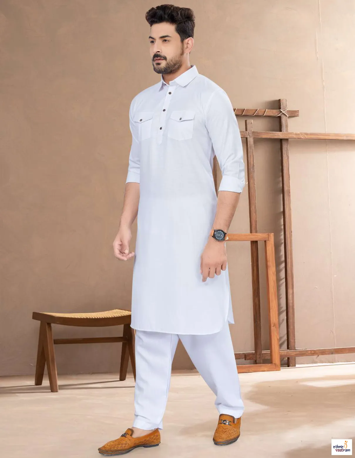 Men’s White Cotton Solid Pathani Ethnic Wear Kurta Pajama Set - Image 2