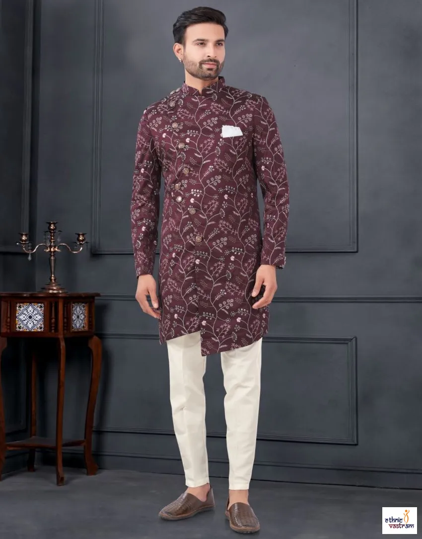Wine Silk Embroidered Wedding Indo Western Kurta Pant