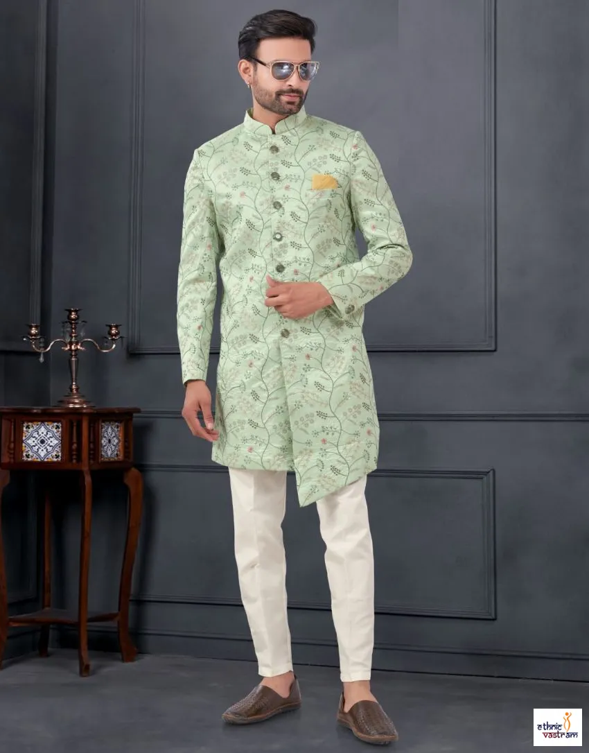 Mint Green Silk Embroidered Wedding Indo Western Kurta Pant