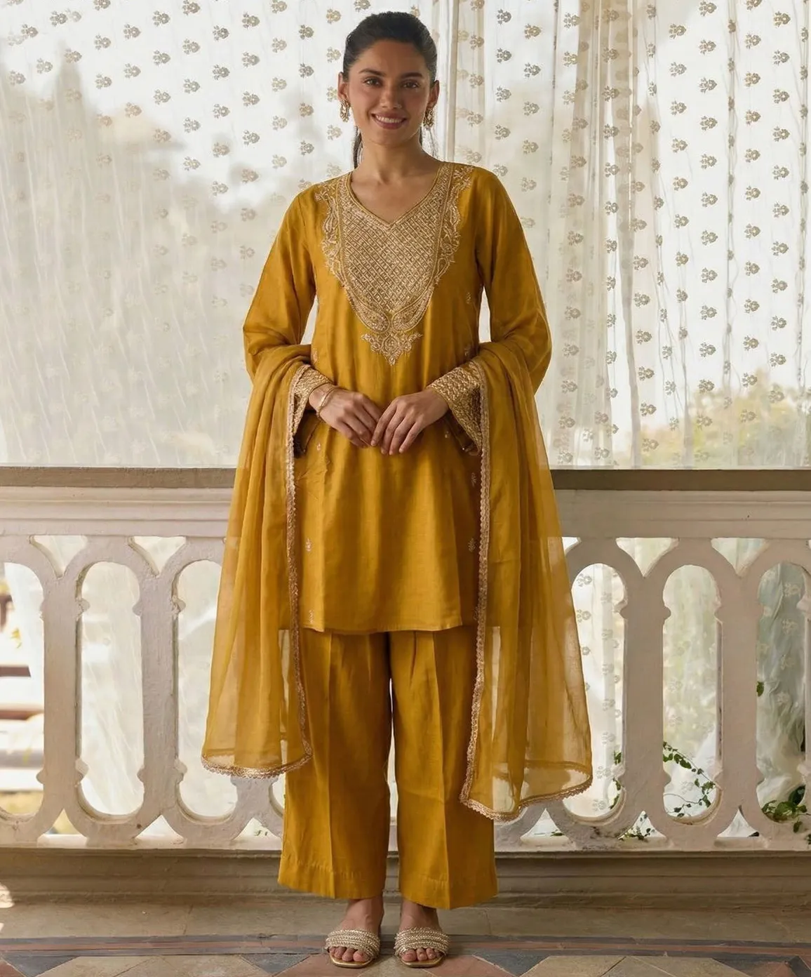 Mustard Cotton Silk A-Line Embroidered Readymade Suit