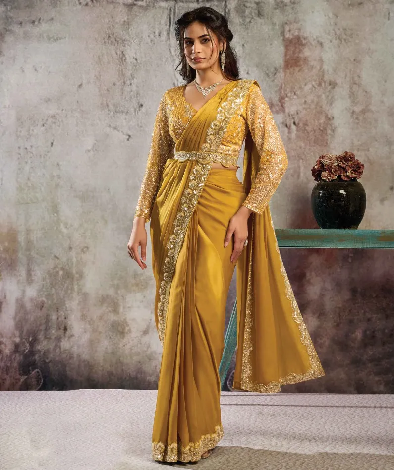 Mustard Lustrous Satin Silver Sequins Designer One Minute Saree
