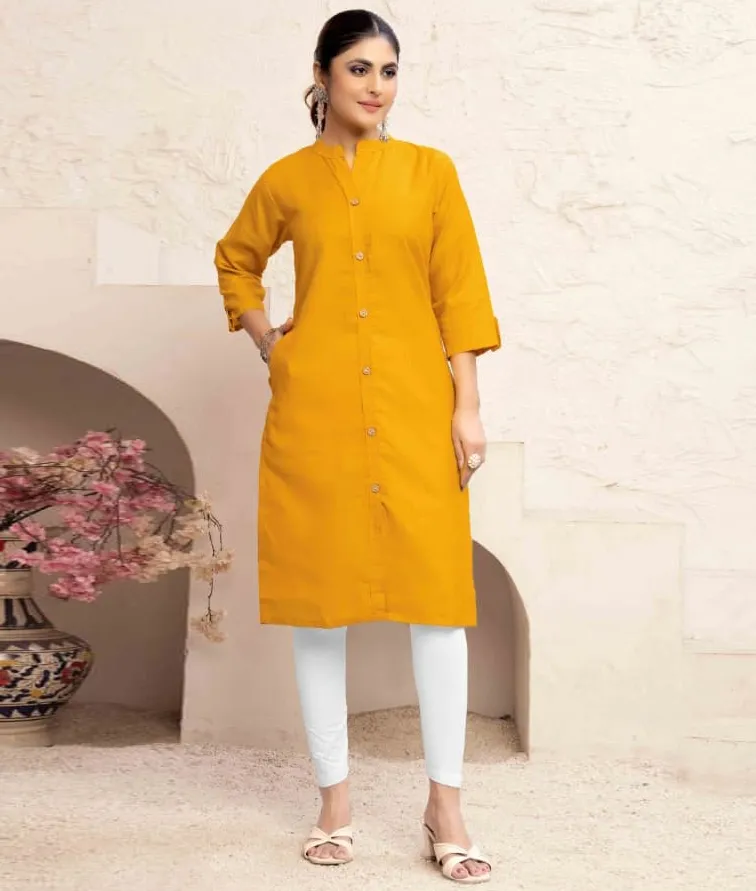 Mustard Magic Cotton Casual Wear Kurti With Pocket
