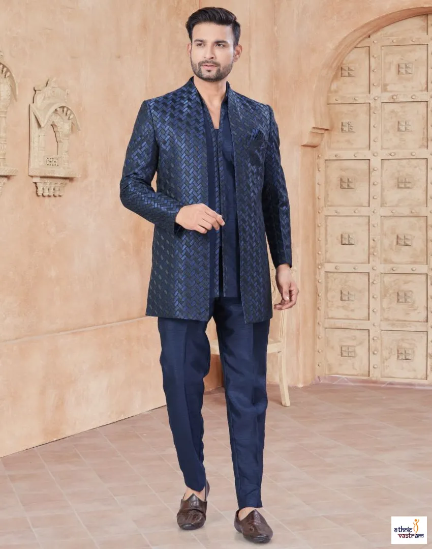 Navy Blue Pure Silk Embroidered Sequins Indo Western Set