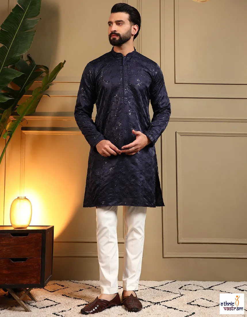 Navy Blue Royal Silk Sequence Embroidered Men’s Kurta Pyjama