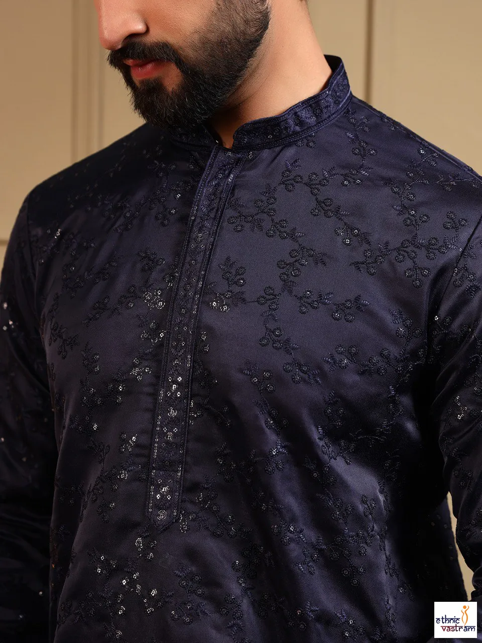 Navy Blue Royal Silk Sequence Embroidered Men’s Kurta Pyjama - Image 3